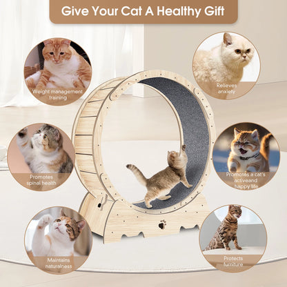 Cat Exercise Wheel, Cat Treadmill Wheel with Carpeted Runway for Daily Exercise, 37" Natural Wood Color