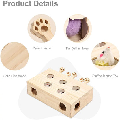 Cat Toys Interactive Whack a Mole Solid Wood Toys for Indoor Cats Kitten Catch Mice Game