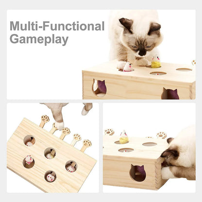 Cat Toys Interactive Whack a Mole Solid Wood Toys for Indoor Cats Kitten Catch Mice Game